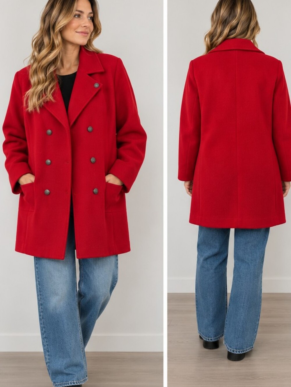 Vintage Made In Canada Wool Women's Double-Breasted Pea Coat in Bright Red